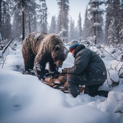 при встрече с диким медведем зимой в диком лесу Якутии