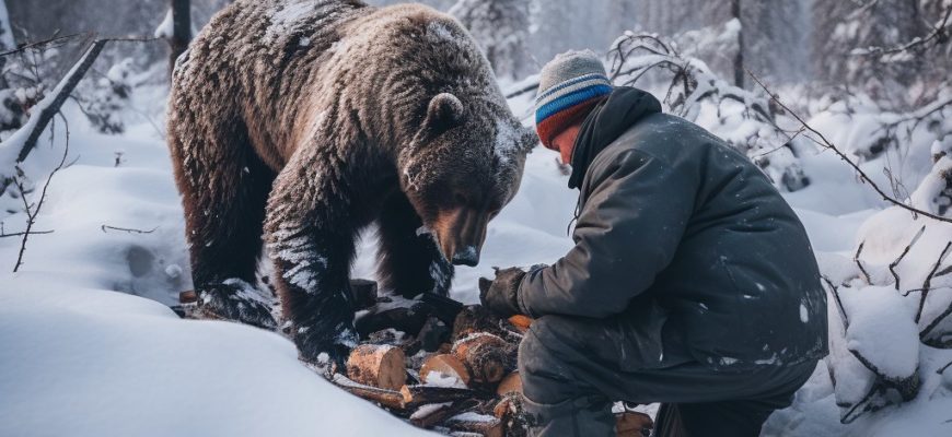 при встрече с диким медведем зимой в диком лесу Якутии