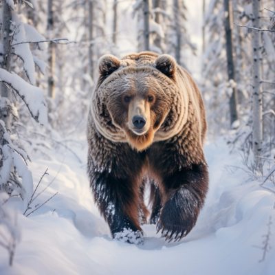 бурый медведь Важно помнить, что при встрече с диким медведем зимой в диком лесу Якутии безопасность должна быть вашим главным приоритетом. Вот инструкция по действиям при такой встрече
