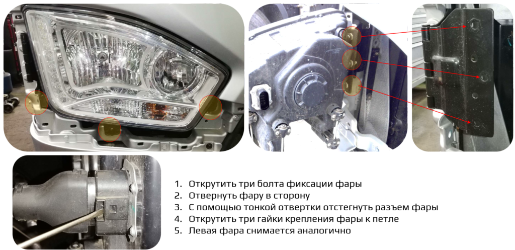 Демонтаж фар Предварительно требуется демонтаж накладки фары Открутить три болта фиксации фары